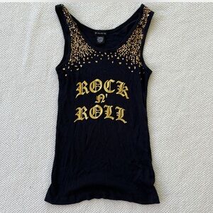 FANG Black Tank Top with Gold Sequins & Rock N' Roll Print
